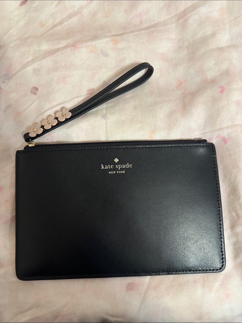 kate spade Black Leather Wristlet with Blush Floral Strap Accents